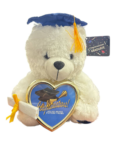 12" Congrats Grad! White Bear with Blue Cap Holding a Picture Frame Gold 1ct - Premium Party Distribution