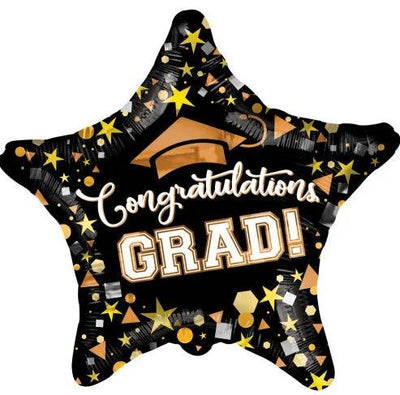 18" Congratulations Grad Black & Gold Star Balloon Flat 100ct - ConverUSA - Premium Party Distribution