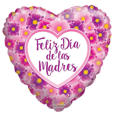 18" Feliz Día De Las Madres Flowers Heart Balloon Flat 100ct - ConverUSA - Premium Party Distribution