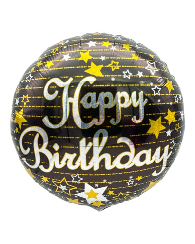 18" Holographic Happy Birthday Black with Gold Stars (20ct) - Premium Party Distribution