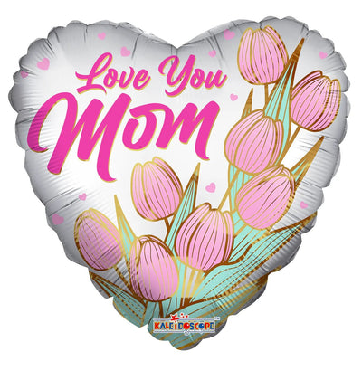 18" Love You Mom Tulips Heart Balloon Flat 100ct - Conver - Premium Party Distribution