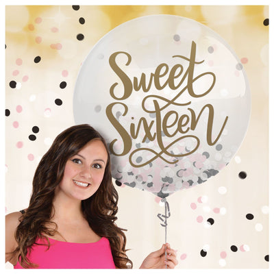 24" Blush Sixteen Latex Balloon w/ Confetti 1ct - Amscan - Premium Party Distribution