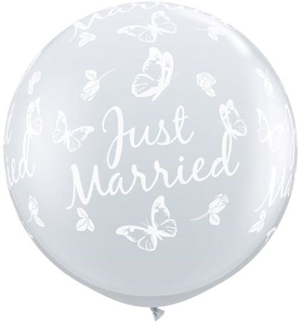 3 foot Qualatex JUST MARRIED BUTTERFLIES on DIAMOND CLEAR