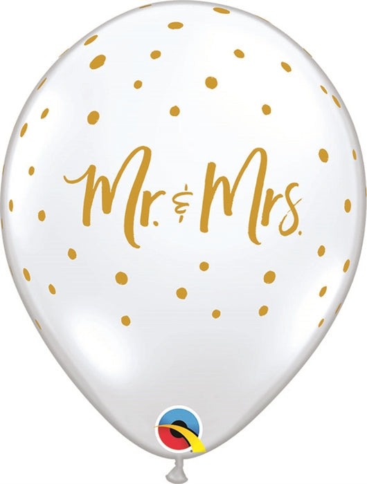 11 inch Qualatex Mr. & Mrs. Gold on DIAMOND CLEAR with Gold Dots Latex Balloon