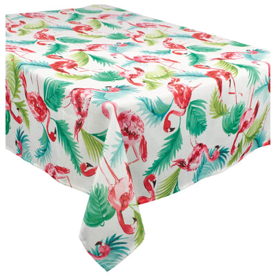 60" x 104" Fabric Tablecloth - Flamingo and Palm Leaves - Premium Party Distribution