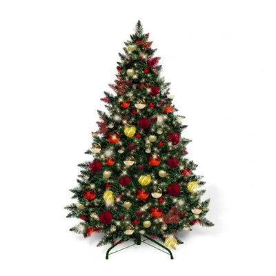 9FT Artificial Christmas Tree PVC Pre - Decorated Red Burgundy Gold Ornaments with Warm White Lights - Premium Party Distribution