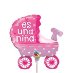 14in Es Una NINA Baby Stroller (GIRL) - Pack of 10 - Mini Shape Foil Balloon - Air Fill & Heat Seal