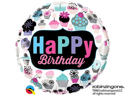 18in BIRTHDAY Cupcakes Emblem - Round Foil Balloon (PKG)