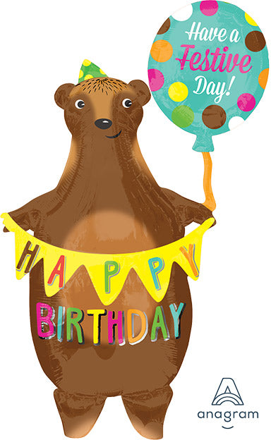 38in Birthday Bear with Banner (PKG) - Large Shape Foil Balloon