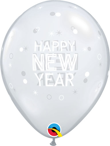 11in NEW YEAR Sparkles & Dots on DIAMOND CLEAR - ROUND LATEX BALLOONS (50ct)