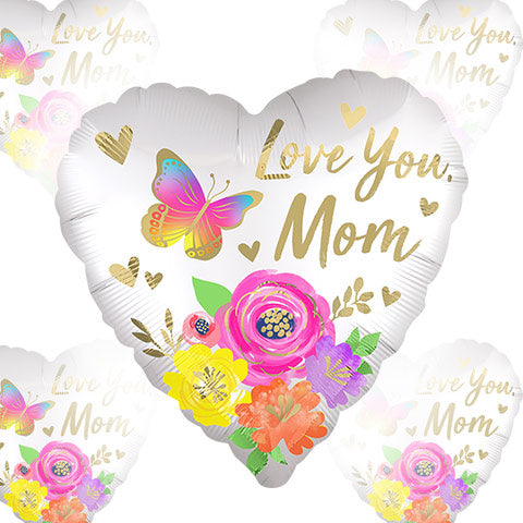 28in Love You MOM Satin Floral - Jumbo Heart Foil Balloon - Pack of 5