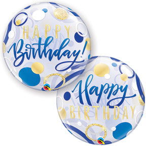 22in Birthday BLUE & GOLD Dots BUBBLE Balloon (PKG)