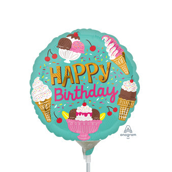 9in ICE CREAM Party Happy BIRTHDAY - Pack of 25 - Round Foil Balloon - Air fill & Heat Seal