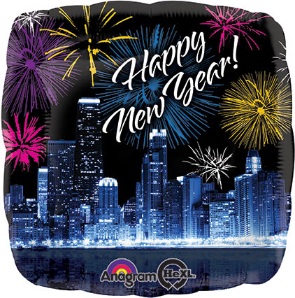 18in HNY Chicago Skyline & Fireworks - Square Foil Balloon - Pack of 10