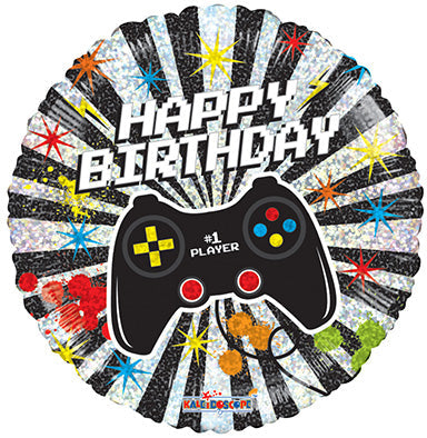 18in BIRTHDAY GAMER-Holographic- Foil Round Balloon-IRP