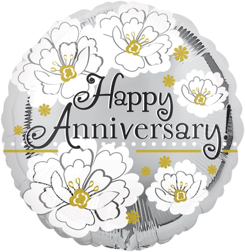 VLP18in Happy Anniversary SILVER Round Foil Balloon - Pack of 10