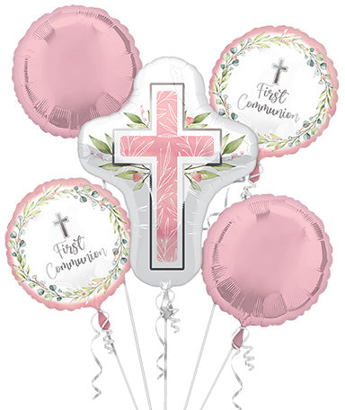 My First COMMUNION - Pink - Bouquet of 5 Foil Balloons (PKG)