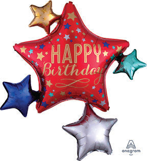 35in BIRTHDAY SATIN Star Cluster - SuperShape Foil Balloon (PKG)