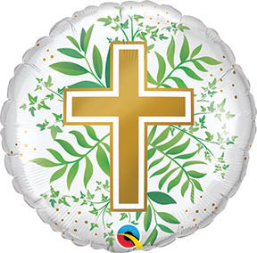 18in Golden CROSS & Greenery - Round Foil Balloon (PKG)