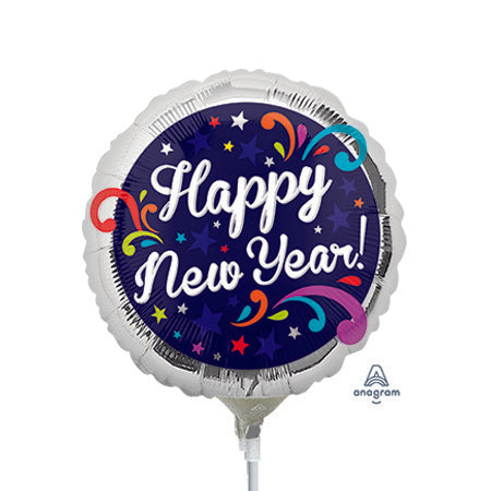 9in Happy NEW YEAR Swirls - Foil Balloon - Air Fill & Heat Seal