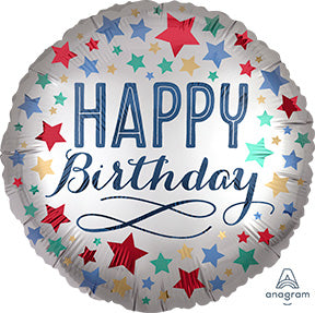 18in BIRTHDAY SATIN with Stars - Standard Satin XL - Round Foil Balloon (PKG)