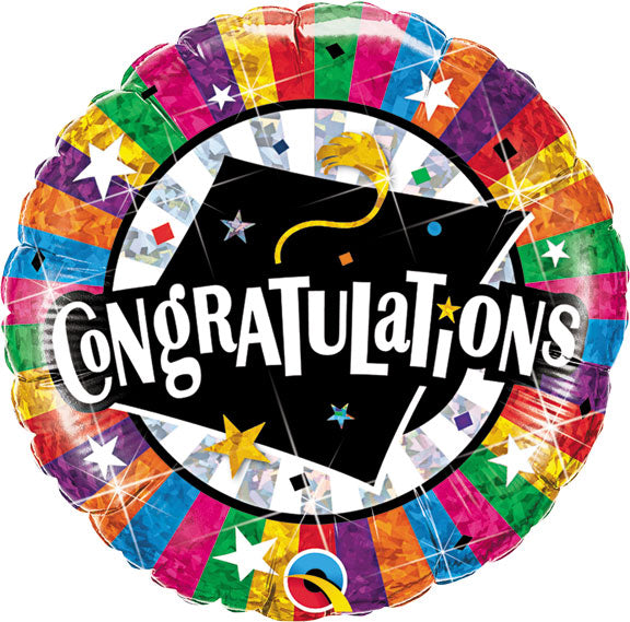 18in Congratulations GRAD Cap Holographic Round Foil Balloon - Pack of 10