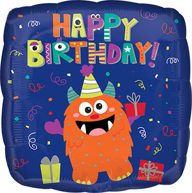 VLP 18in Happy Little MONSTER BIRTHDAY - Square Foil Balloon - Pack of 25