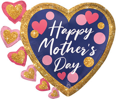 24in Happy MOTHER'S DAY Navy, Pink & Glitter Dots (PKG) SuperShape Foil Balloon