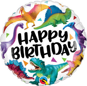 18in BIRTHDAY Colorful Dinosaurs - Round Foil Balloon (PKG)