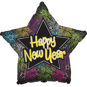 18in Happy NEW YEAR Fireworks - Star Shaped Foil Balloon