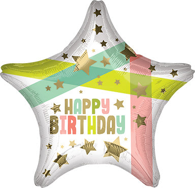 19in Happy BIRTHDAY Gold Stars & Colors (PKG) - Standard Star XL Foil Balloon