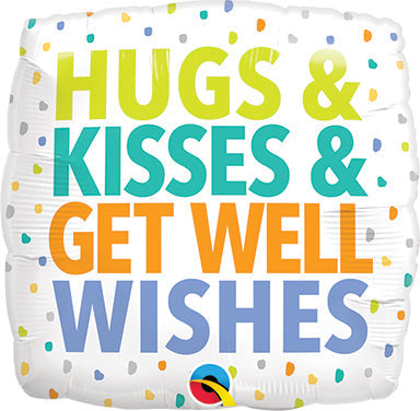 18in Hugs Kisses GET WELL Wishes (PKG) - Square Foil Balloon