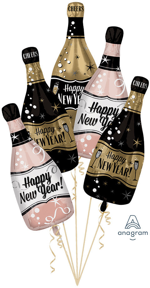 Happy NEW YEAR Bubbly Bottles - Bouquet of 5 Foil Balloons (PKG)