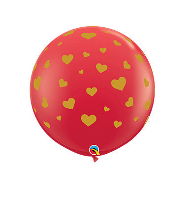 Random HEARTS AROUND in GOLD on 3ft RED Qualatex Latex Balloons (2ct)