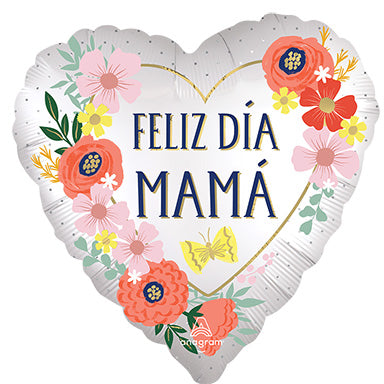 28in Satin Feliz Dia MAMA Blooms - Heart Foil Balloon - Pack of 5