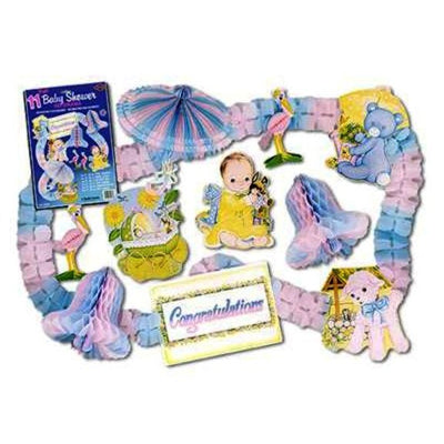 Baby Shower Decorama 11 piece - 2 - 9in stork centerpiece, 1 - 15in PLB parasol, 2 - 12in PLB Bell, 1 - 12in - Premium Party Distribution