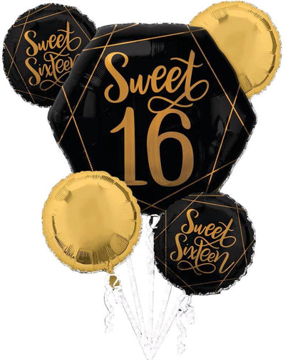 Balloon Bouquet - Sweet 16 Black And Gold - Anagram - Premium Party Distribution