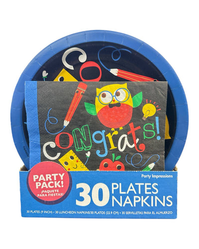 Elementary Graduation Party School Owl & Friends Round Plates & Napkins - Amscan - Premium Party Distribution