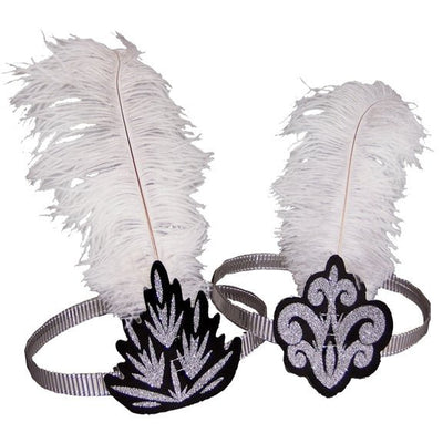 Flapper Headband - Black and Silver with White Feather - Premium Party Distribution