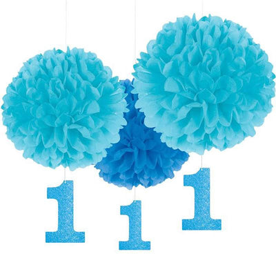 Fluffy Decorations - Blue 1st Birthday (3ct) - Premium Party Distribution