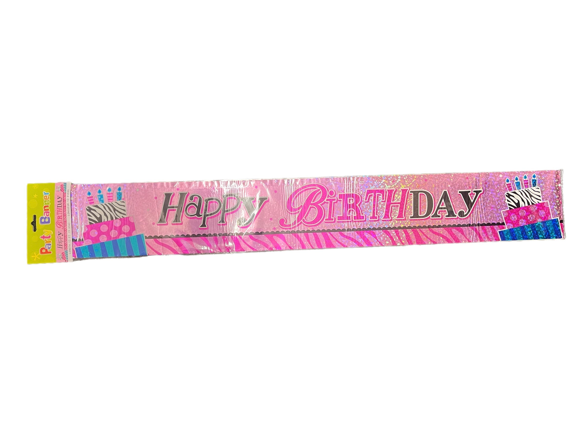 Happy Birthday Holographic Banner Pink Zebra Cake 12 ft.