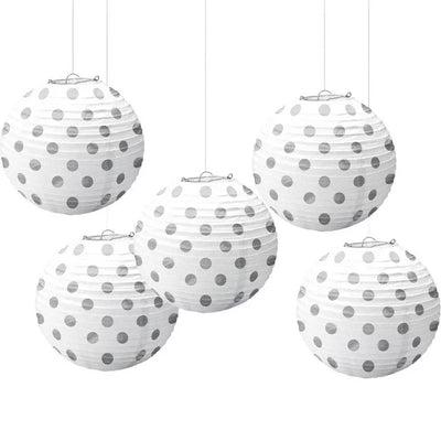 Mini White & Silver Polka Dot Paper Lanterns 5ct - Premium Party Distribution
