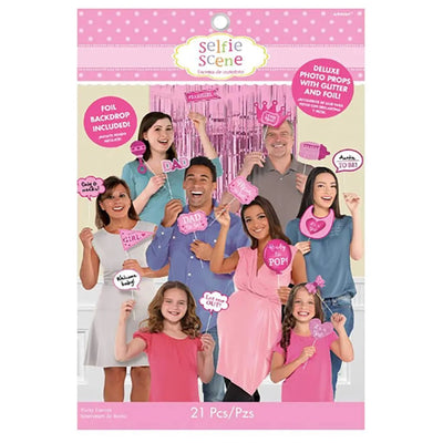 Pink Girl Baby Shower Deluxe Party Photo Props with Foil Backdrop 21 Piece - Premium Party Distribution