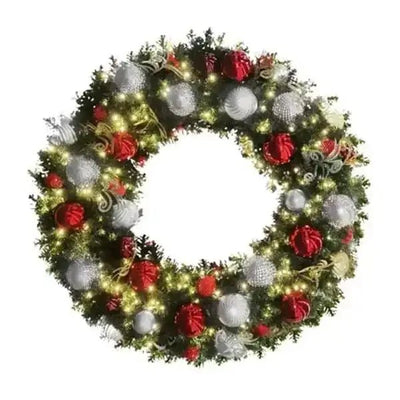 Pre - Decorated Christmas Wreath with Warm White Lights Red/White/Silver - Premium Party Distribution