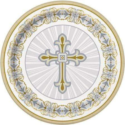 Radiant Cross Religious Gold & Silver 9" Paper Plates 8ct - Premium Party Distribution
