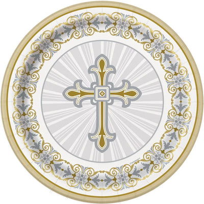Religious Cross Gold & Silver 7" Paper Plates 8ct - Premium Party Distribution