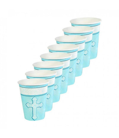 Religious 'Radiant Cross' Blue 9oz Cups 8ct - Premium Party Distribution