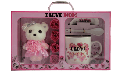 Winner Party I Love you Mom Teddy Bear w/ 9oz Cup, Spoon & Tea Plate 5pc - Premium Party Distribution